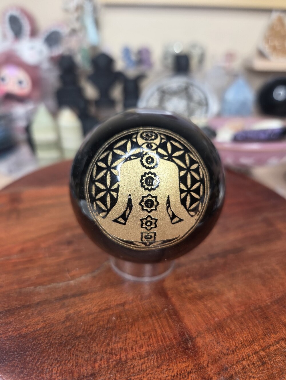 Silver Sheen Obsidian Sphere With Gold Buddah ( Repel Negative Energy